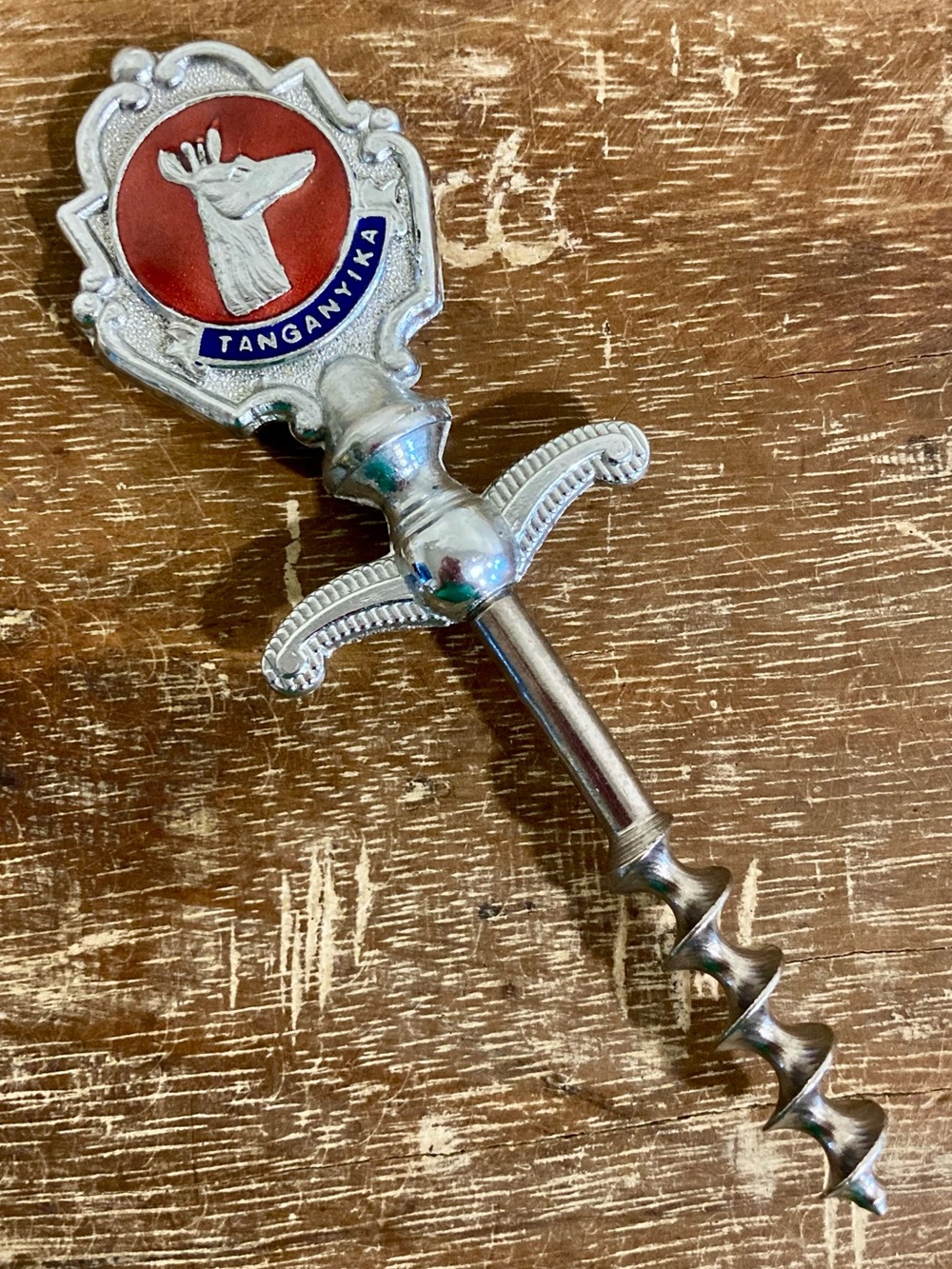 Vintage Tanganyika Souvenir Corkscrew Made in England Red & Blue Enamel